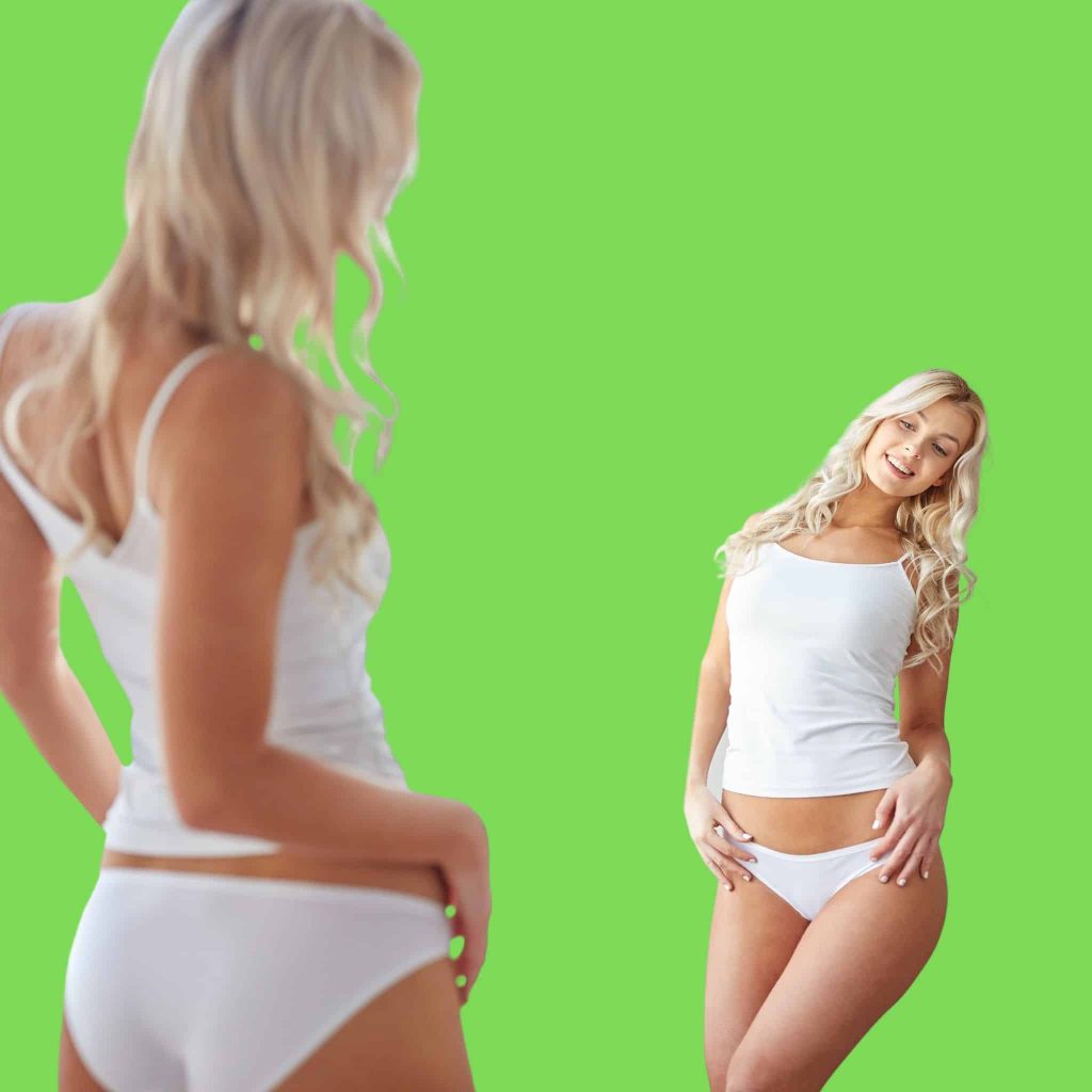 A photo of a woman with lovely hips shows the benefits of using the hips enlargement cream